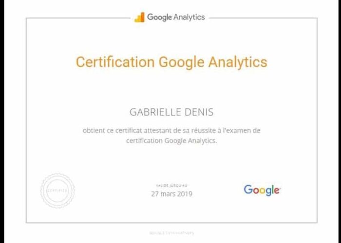 certification Google Analytics de Gabrielle Denis