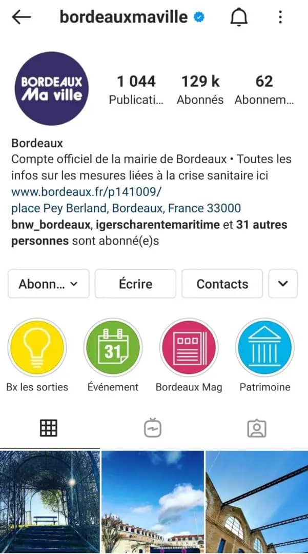 capture écran compte Instagram ville de Bordeaux