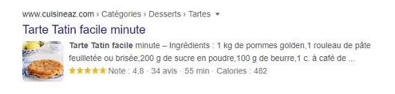 capture écran résultat de recherche d'une recette de tarte tatin avec données structurées