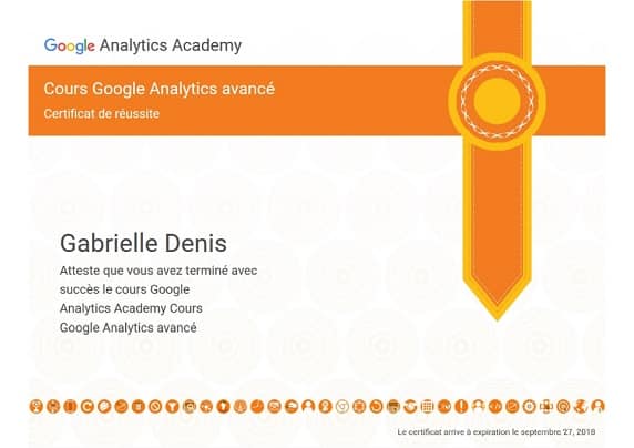 photo du certificat de réussite de Gabriemme Denis au cours Google Analytics Avancé