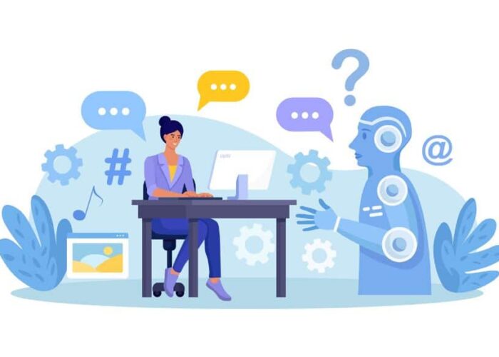 Femme posant des questions avec un ordinateur