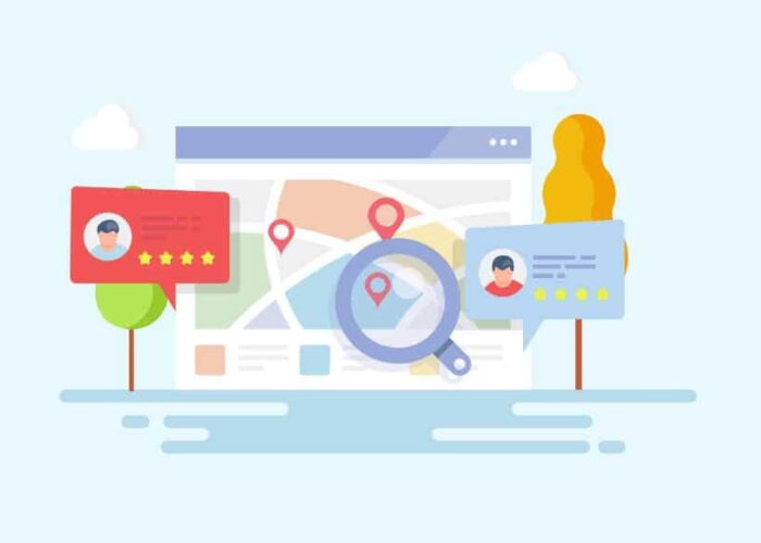 Avis Google Business Profile dessinés sur un plan de quartier