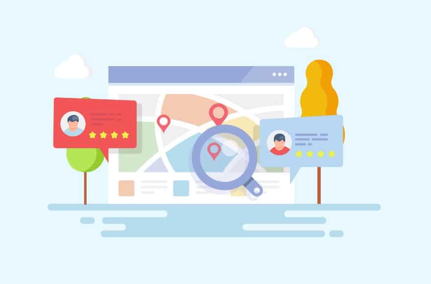 Avis Google Business Profile dessinés sur un plan de quartier
